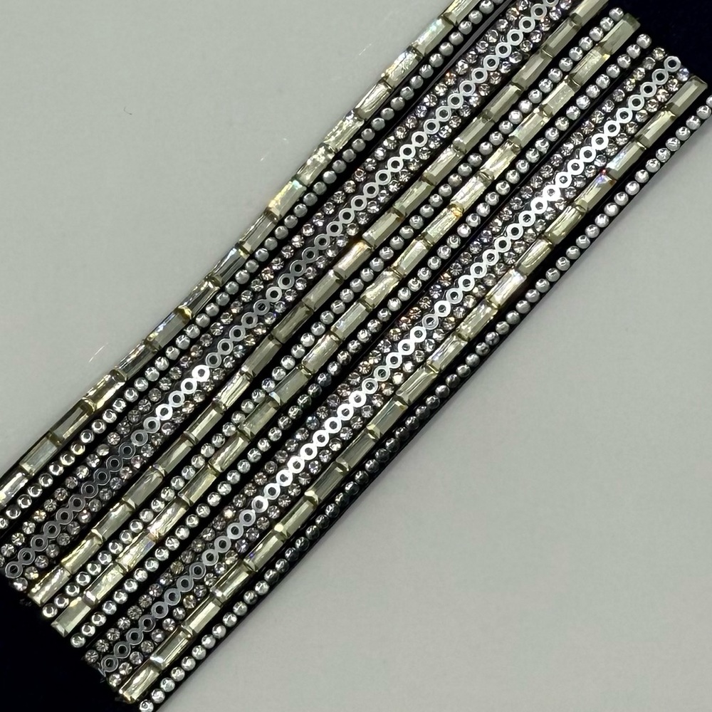 Blue Velvet Cuff Bracelet – Silver Beads & Rhinestone Crystal Embellishments - Picture 6 of 7